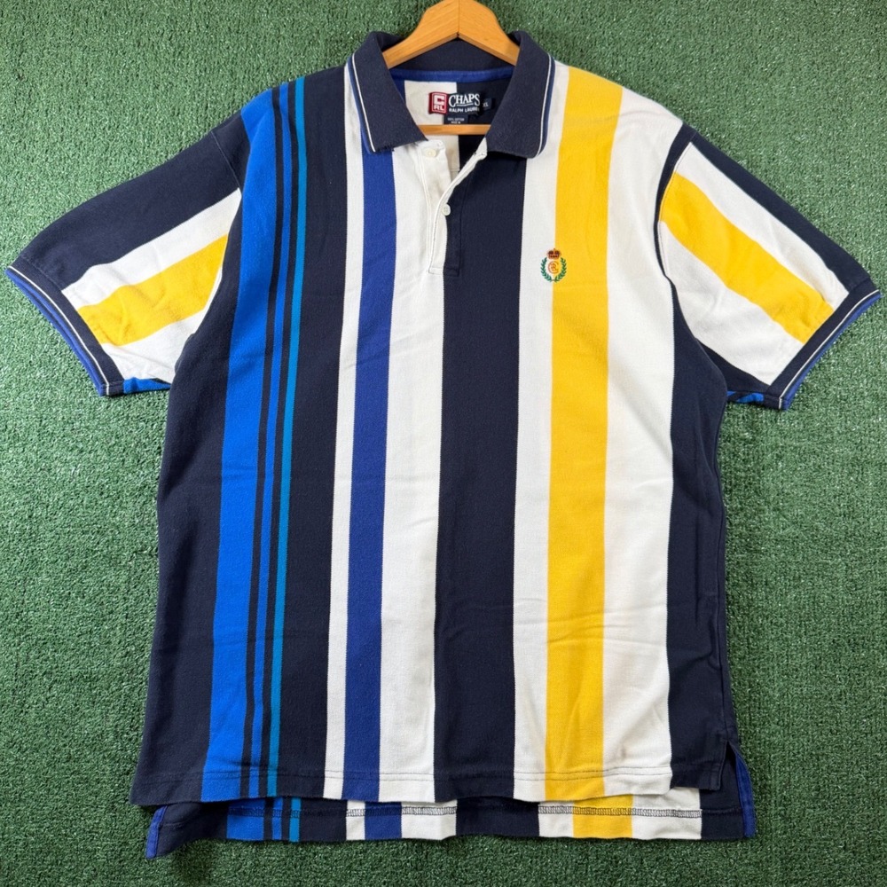 Chaps Polo Shirt Mens XL Multi Color Good Vintage Striped Crest Pique Cotton